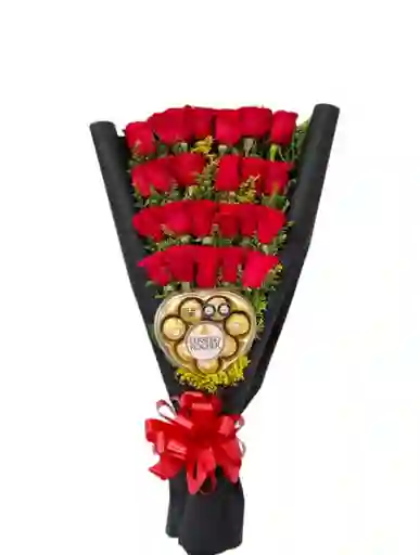 Bouquet De 24 Rosas Y Chocolates Corazón