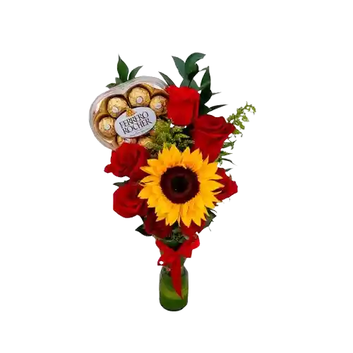 Flores De Girasol Y Rosas Con Chocolates Ferrero Rocher