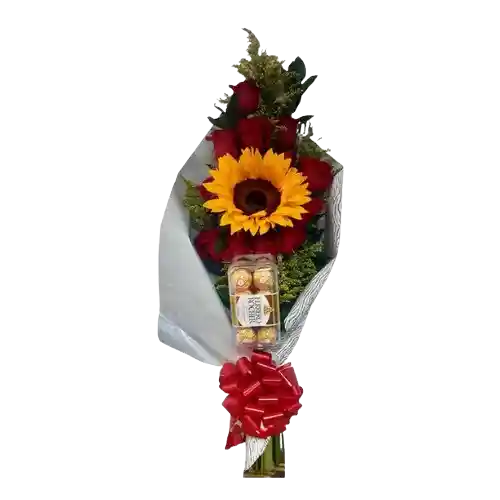 Rosas Y Girasol En Bouquet Con Chocolates Ferrero Rocher