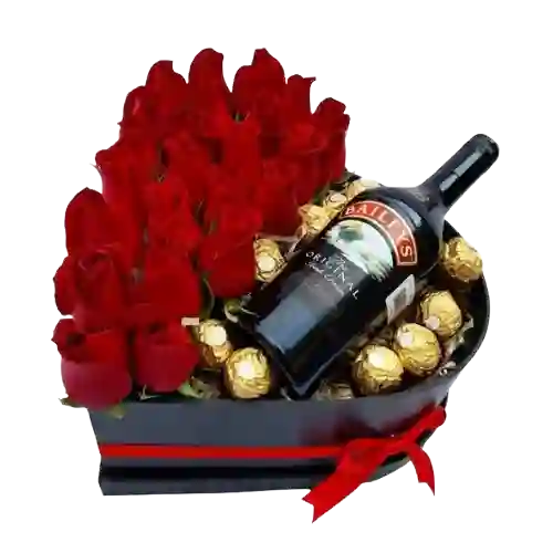 Flores De Rosas En Corazón Con Chocolates Ferrero Rocher Y Botella Baileys
