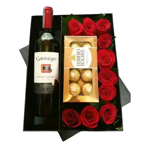 Flores En Caja Con Rosas, Chocolates Y Vino.