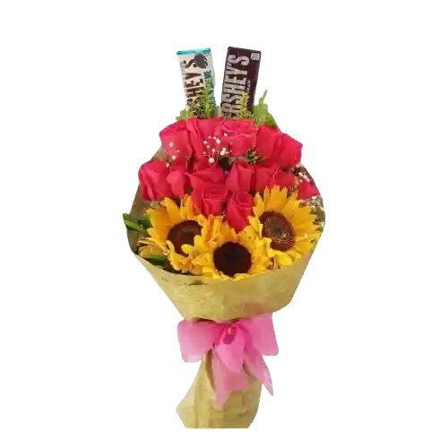 Girasoles, Rosas En Bouquet 2 Barras De Chocolate Hersheys