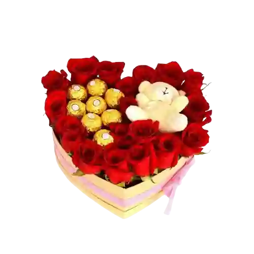 Rosas En Caja De Coracón, Oso De Peluche, Chocolates Ferrero Rocher