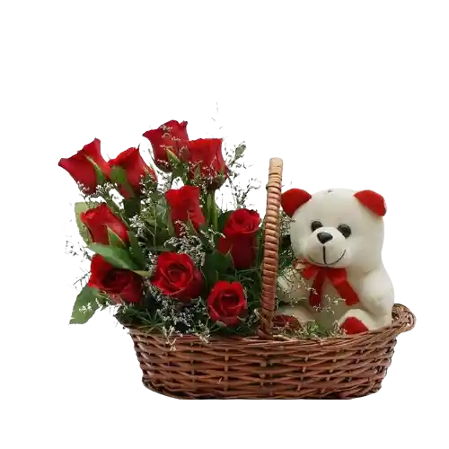 Rosas Rojas Con Oso De Peluche En Cesta