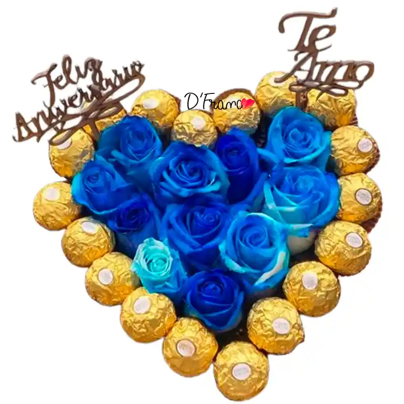 Corazon De Rosas Azules Y Chocolates Ferrero