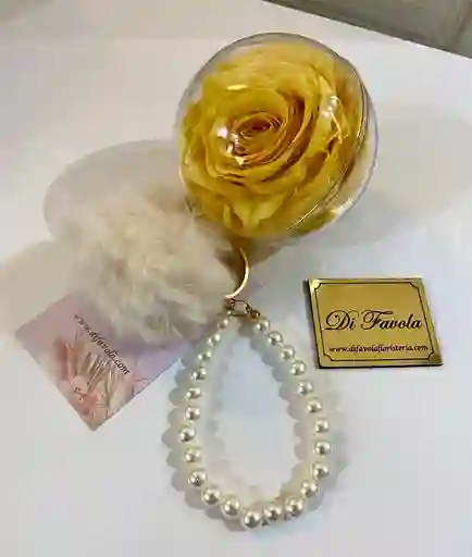 Llavero De Perlas Con Rosa Eterna Amarilla, Elegante