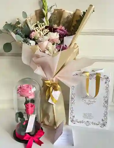 Combo Dìa De La Madre. Rosa Preservada Doble + Bouquet Flores Mixtas. Elegante