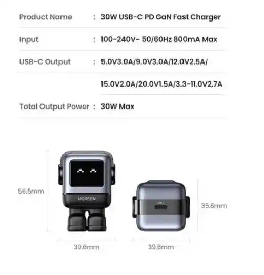 Cargador Usb-c 30w Nexode - Robot Cargador Con Pantalla Color Negro