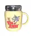 Mug Taza Pocillo Vaso Ceramica Amarillo Tapa Vidrio Reflejo Motivo Tom Y Jerry