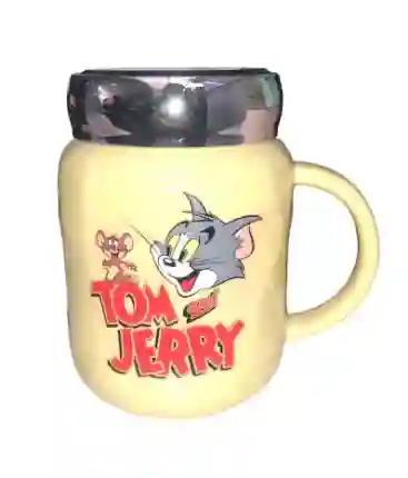 Mug Taza Pocillo Vaso Ceramica Amarillo Tapa Vidrio Reflejo Motivo Tom Y Jerry