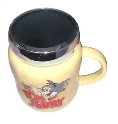 Mug Taza Pocillo Vaso Ceramica Amarillo Tapa Vidrio Reflejo Motivo Tom Y Jerry