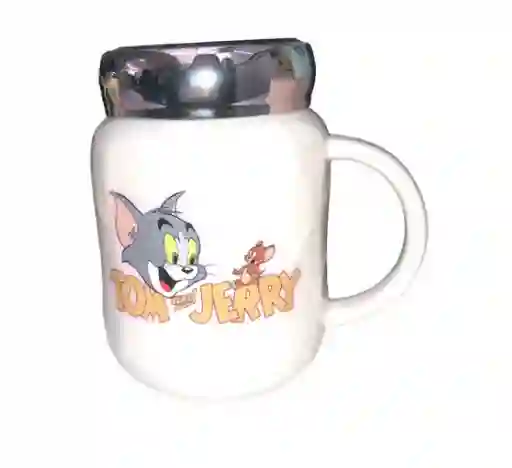 Mug Taza Pocillo Vaso Ceramica Blanco Tapa Vidrio Reflejo Motivo Tom Y Jerry