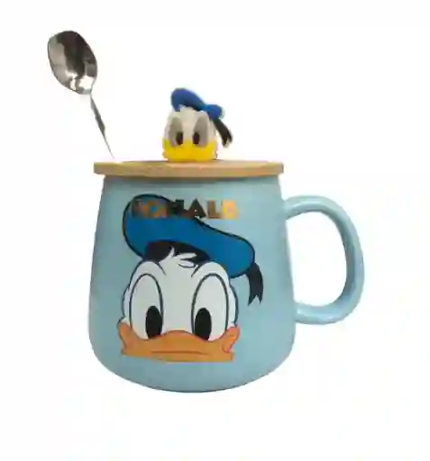 Mug Taza Pocillo Vaso Ceramica Con Cuchara Tapa Madera Motivo Pato Donald Disney