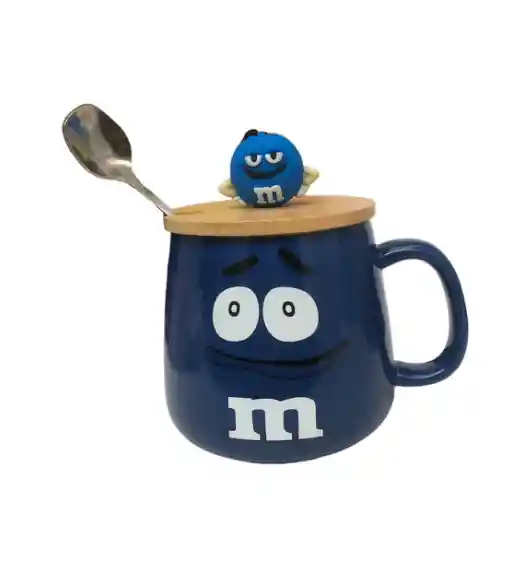 Mug Taza Pocillo Vaso Ceramica Con Cuchara Tapa Madera Motivo Mm Chocolate Azul