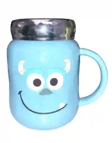 Mug Taza Pocillo Vaso Ceramica Tapa Vidrio Reflejo Motivo Monster Inc Azul Sullivan
