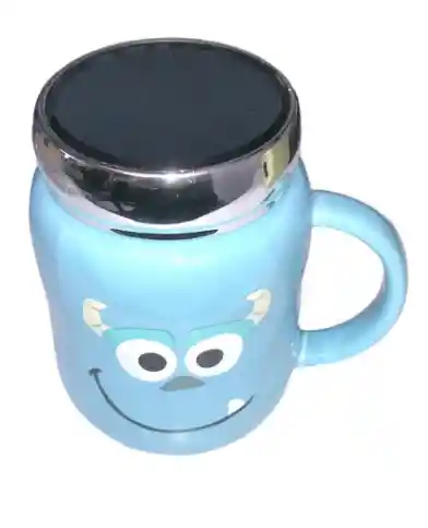 Mug Taza Pocillo Vaso Ceramica Tapa Vidrio Reflejo Motivo Monster Inc Azul Sullivan