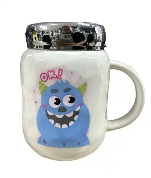 Mug Taza Pocillo Vaso Ceramica Tapa Vidrio Reflejo Motivo Monster Inc Blanco Sullivan