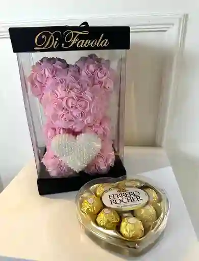 Detalle Día De La Mujer. Ferrero Rocher Corazón + Osito De Rosas Rosado Con Perlas Blanco