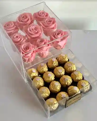 Rosas Rosadas Preservadas Luxury En Cofre Y Ferrero Rocher.