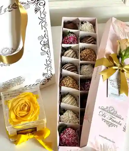 Flor Eterna Amarilla En Cofre + Caja X 16 Fresas Con Chocolate Y Toppings. Delicado, Dia De La Madre