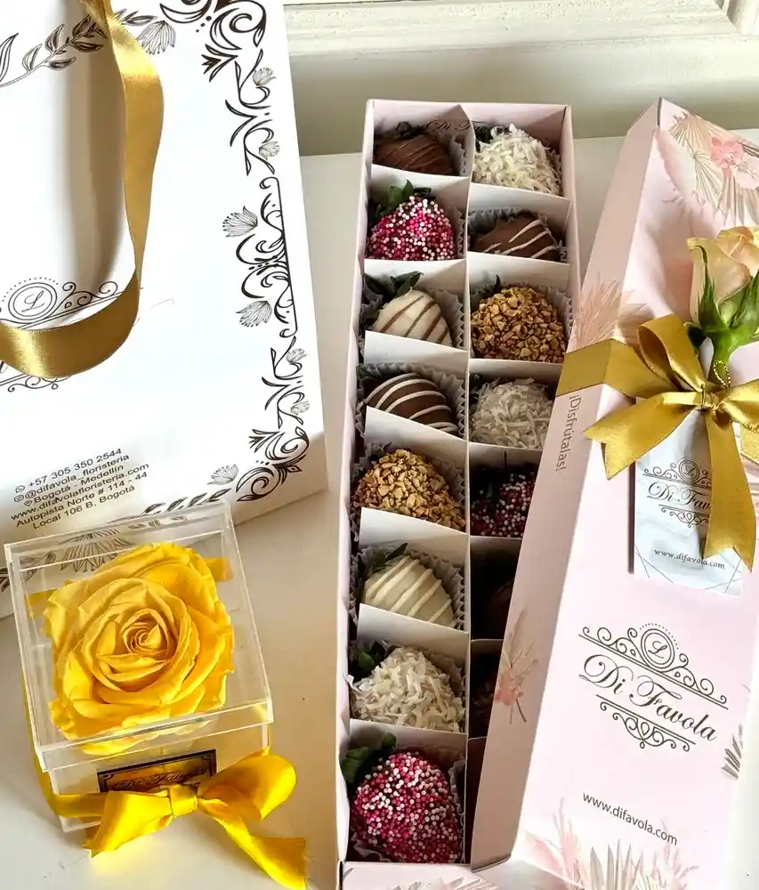 Flor Eterna Amarilla En Cofre + Caja X 16 Fresas Con Chocolate Y Toppings. Delicado, Dia De La Mujer
