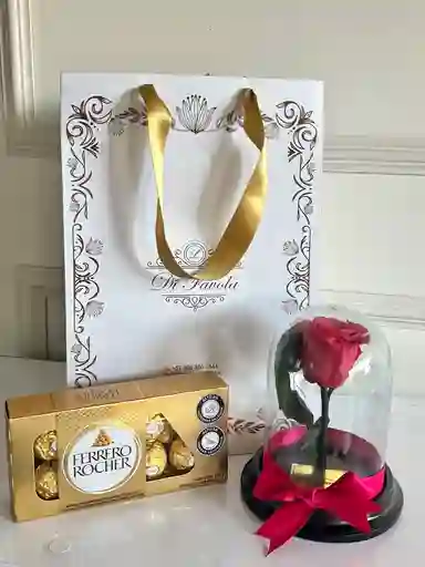 Combo De Flores Ferrero Rocher X 8 + Rosa Fucsia Eterna En Cùpula Pequeña