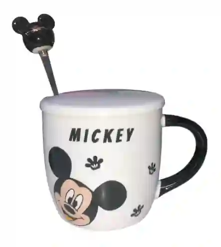 Mug Taza Pocillo Vaso Ceramica Con Cuchara Tapa Motivo Mickey Disney