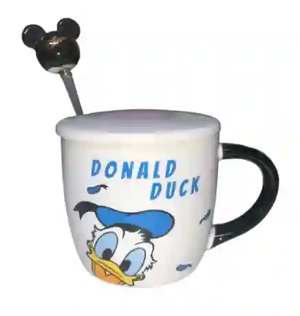 Mug Taza Pocillo Vaso Ceramica Con Cuchara Tapa Motivo Pato Donald Duck