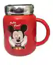 Mug Taza Pocillo Vaso Ceramica Rojo Tapa Vidrio Reflejo Motivo Mickey Disney