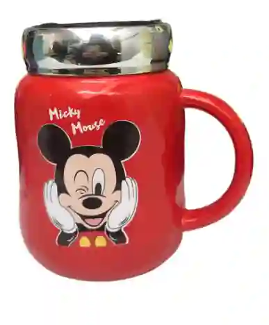 Mug Taza Pocillo Vaso Ceramica Rojo Tapa Vidrio Reflejo Motivo Michey Disney