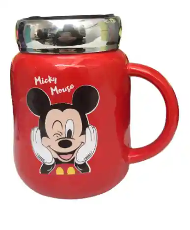 Mug Taza Pocillo Vaso Ceramica Rojo Tapa Vidrio Reflejo Motivo Mickey Disney