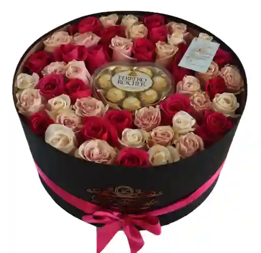 Ferrero Corazon En Caja Cilíndrica Negra Con Rosas