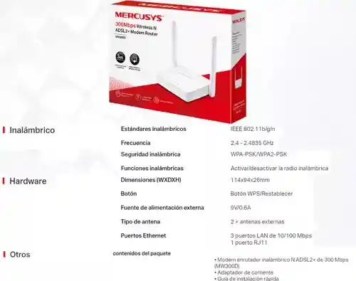 Router Wifi Mercusys Adsl2+ 300 Mbps 2.4ghz