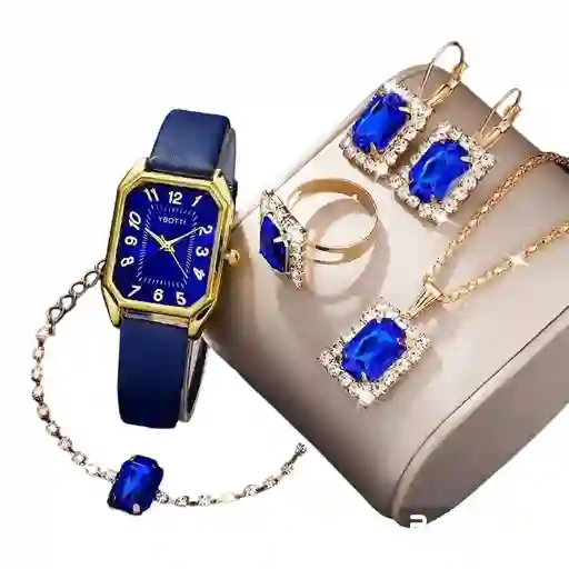 Kit Reloj Azul Para Mujer + Juego De Collar Aretes Pulsera