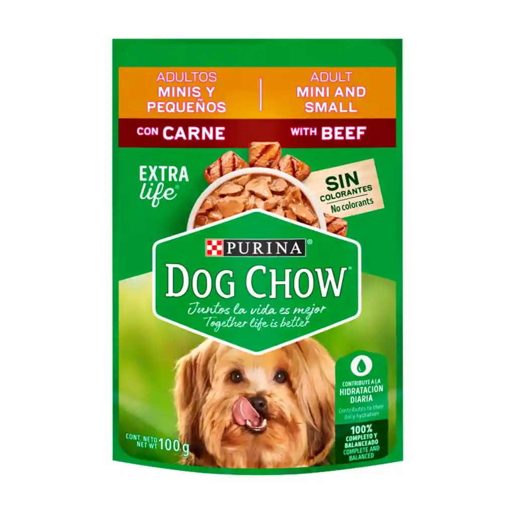 Sobre Alimento Humedo Dog Chow Purina Para Perro Adulto Tamaños Mini Y Pequeños De Carne 100 Gr