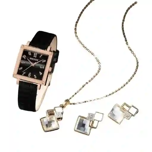 Kit Reloj Negro Cuadrado Para Mujer + Juego De Collar Aretes