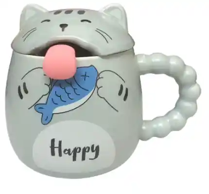 Mug Taza Pocillo Vaso Ceramica Gris Motivo Gato Lengua