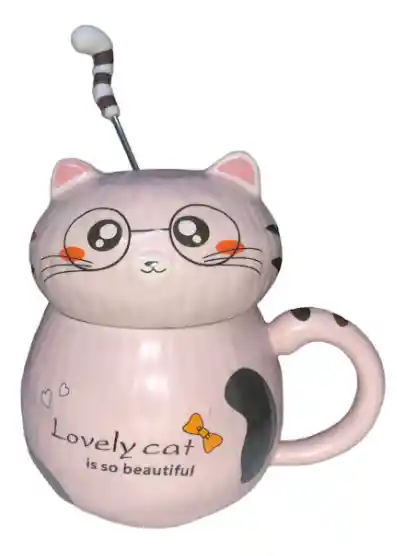 Mug Taza Pocillo Vaso Ceramica Con Cuchara Rosa Grande Motivo Gato Con Gafas