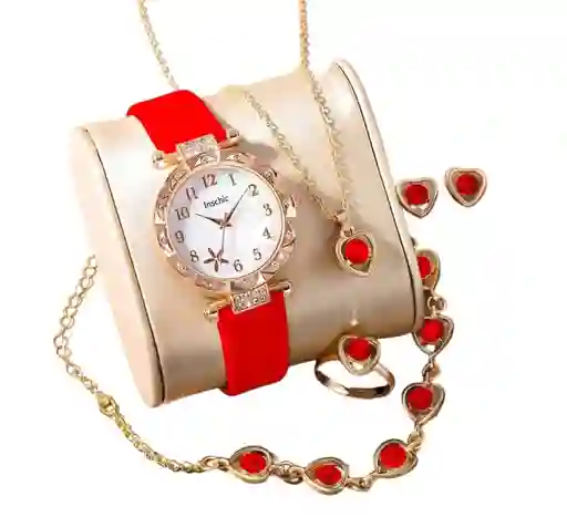 Kit Reloj Corazones Rojo Para Mujer + Juego De Collar Aretes