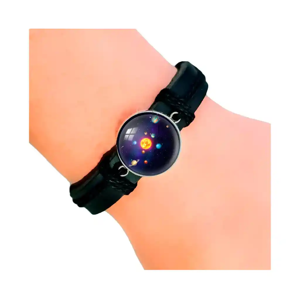 Pulsera Cuero Cristal Sistema Solar Cosmos Unisex + Estuche