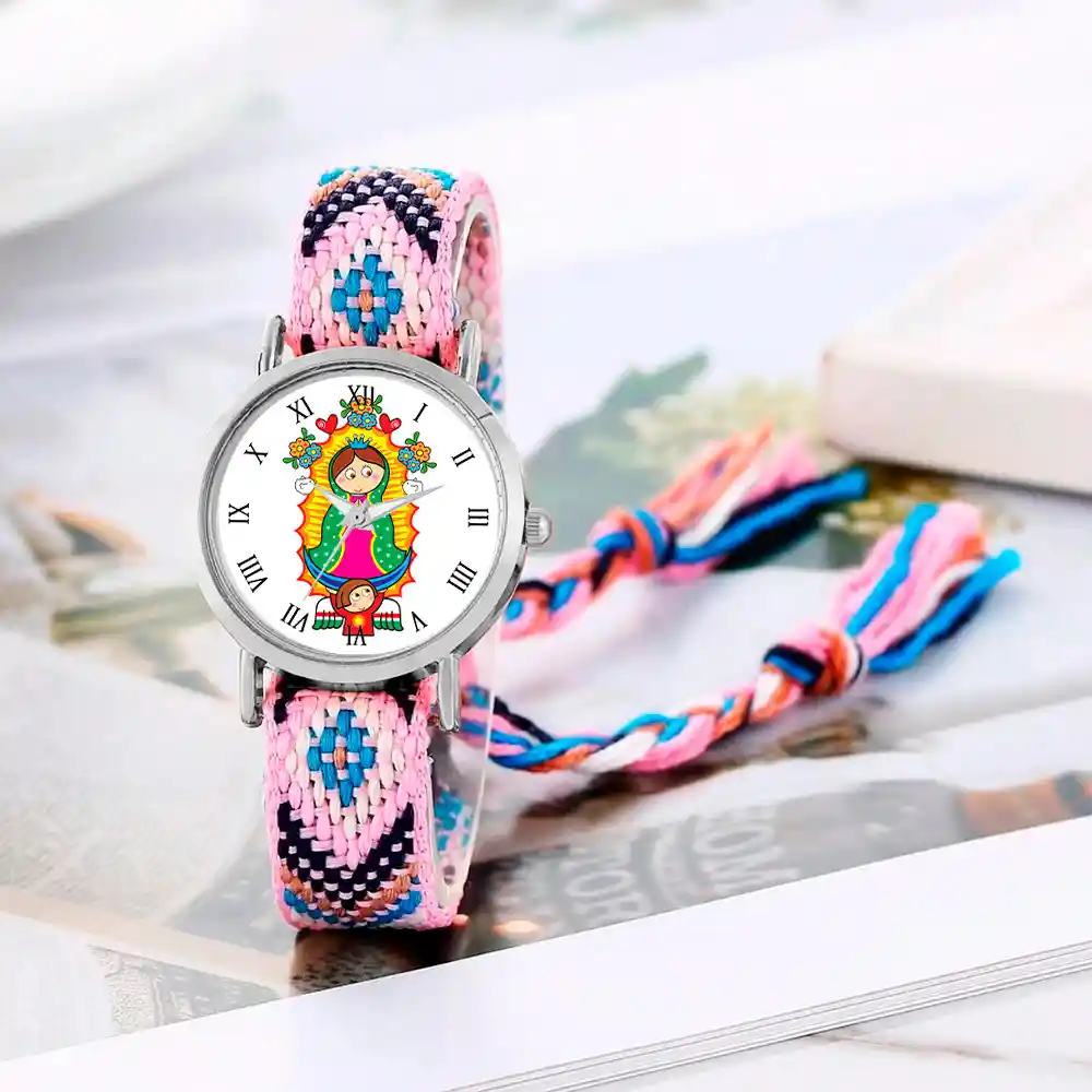 Reloj Virgen Guadalupe Plateado Tejido Artesanal + Estuche