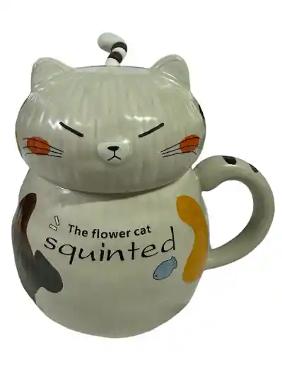 Mug Taza Pocillo Vaso Ceramica Con Cuchara Beige Grande Motivo Gato