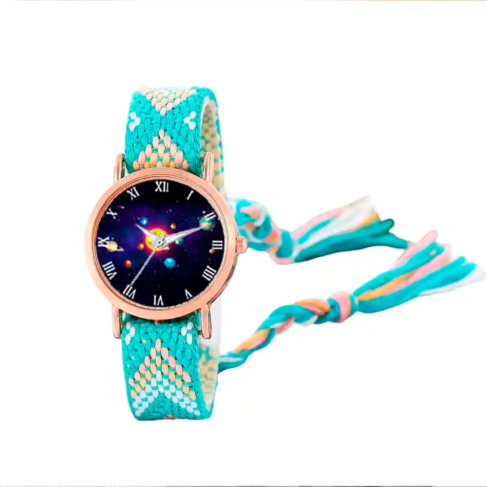 Reloj Sistema Solar Dorado Tejido Artesanal Mujer + Estuche