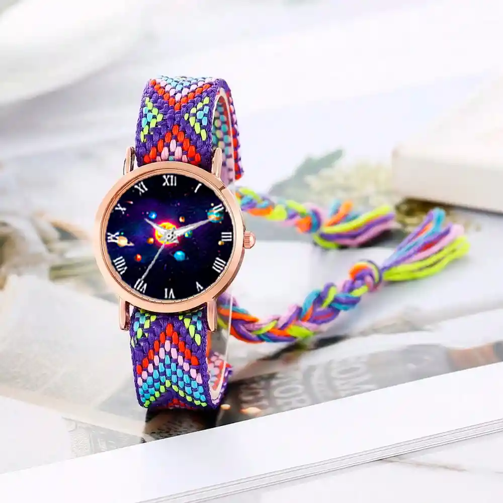 Reloj Sistema Solar Dorado Tejido Artesanal Mujer + Estuche
