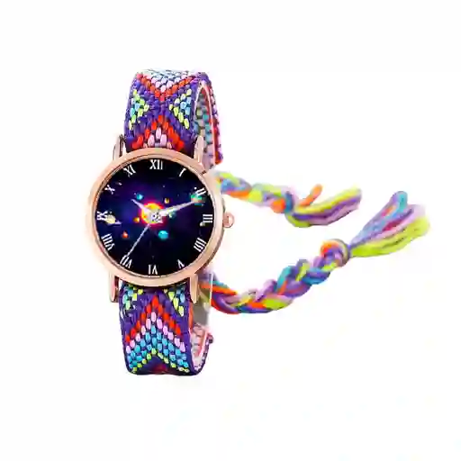 Reloj Sistema Solar Dorado Tejido Artesanal Mujer + Estuche