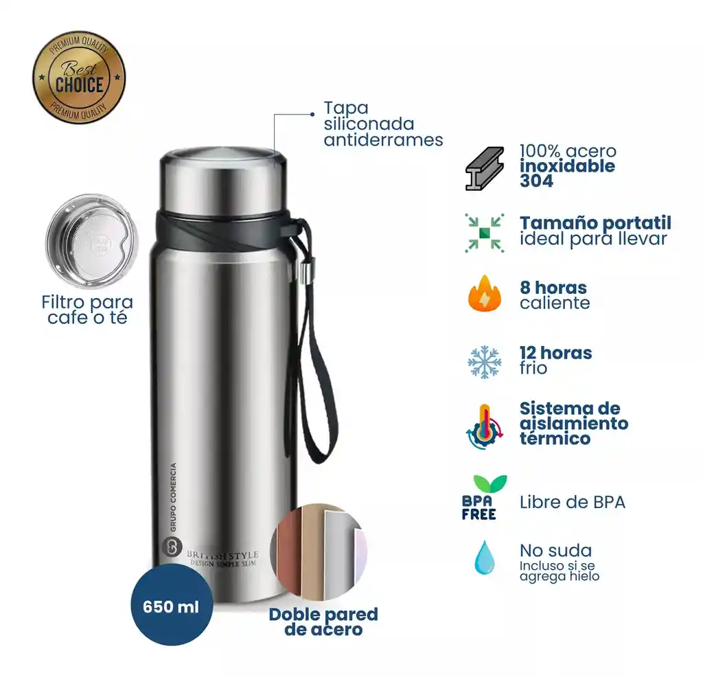 Termo Acero Inoxidable 304 Frio Caliente 650 Ml Viajero