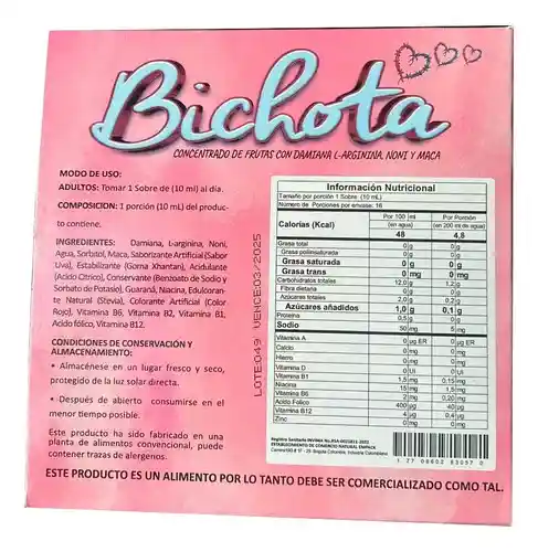 Potenciador Sexual Femenino Bichota Sachet X 10 Ml