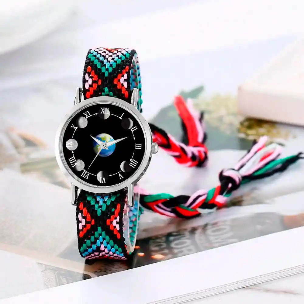 Reloj Luna Fase Lunar Plateado Tejido Artesanal + Estuche