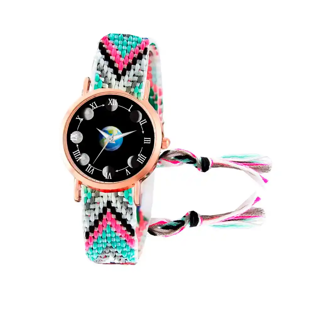 Reloj Luna Fase Lunar Dorado Tejido Artesanal Mujer+ Estuche