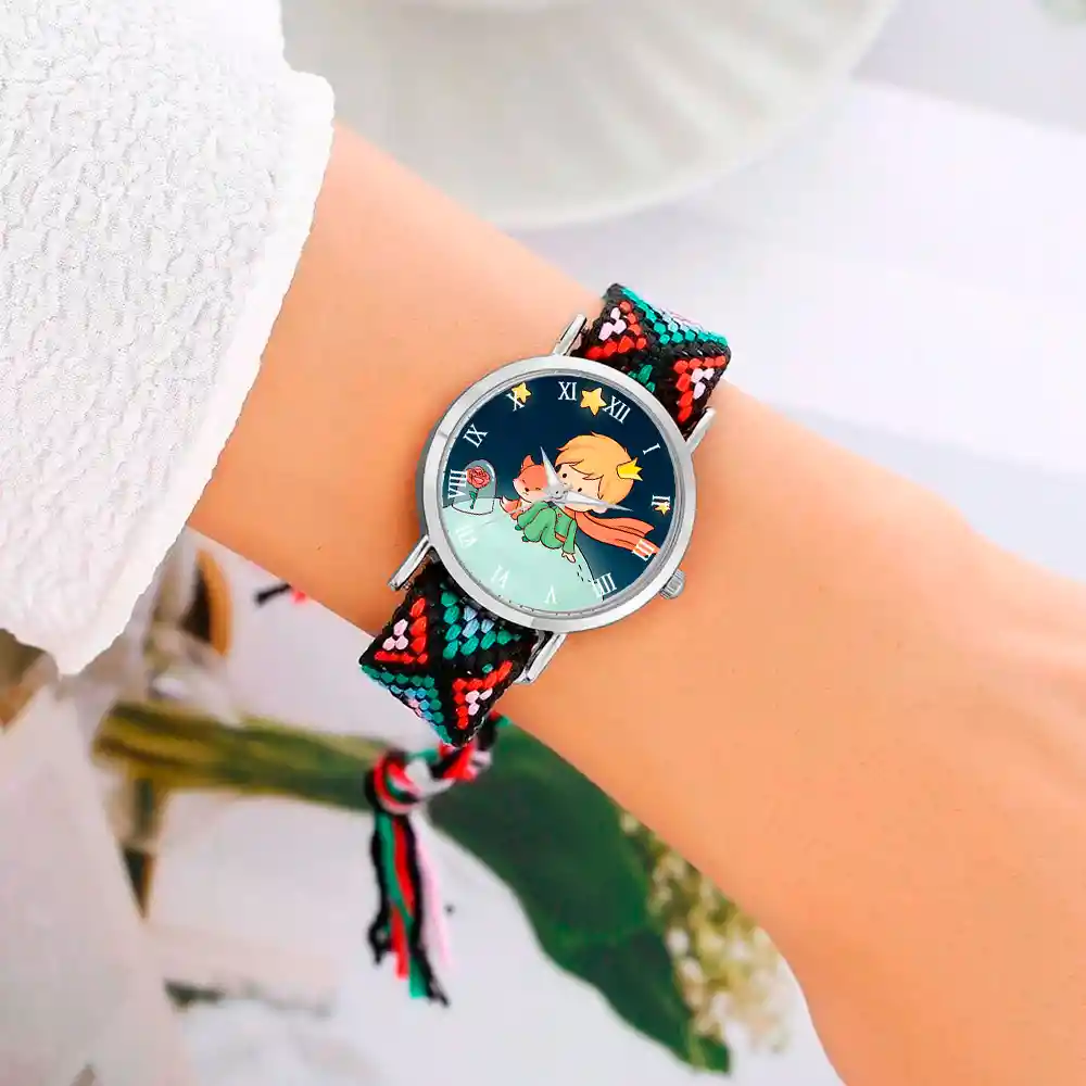 Reloj Principito Zorrito Plateado Tejido Artesanal + Estuche